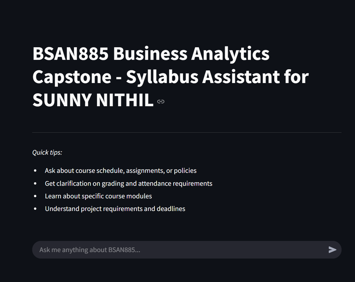 BSAN885 Syllabus Assistant chatbot interface